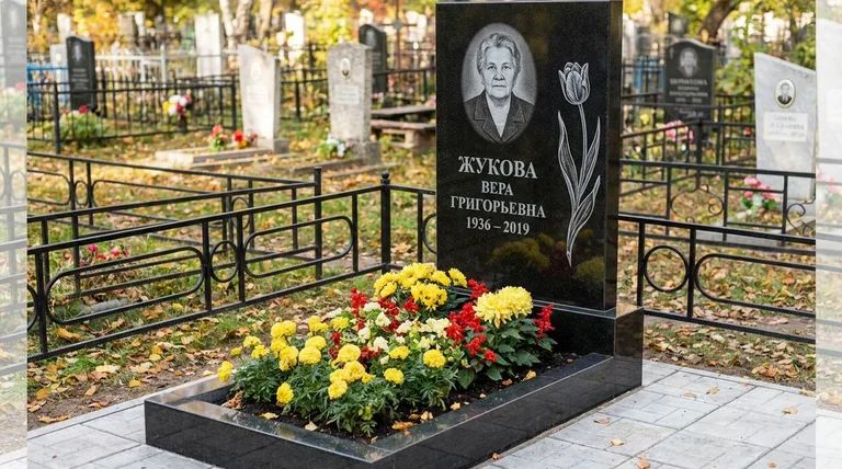 Памятник с гравировкой тюльпанов — выполненная работа «Жукова» в Иркутске