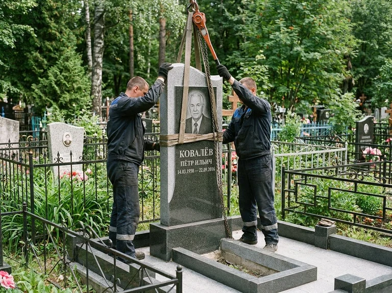 Демонтаж памятника на кладбище в Иркутске — бригада аккуратно снимает старый гранитный памятник с могилы