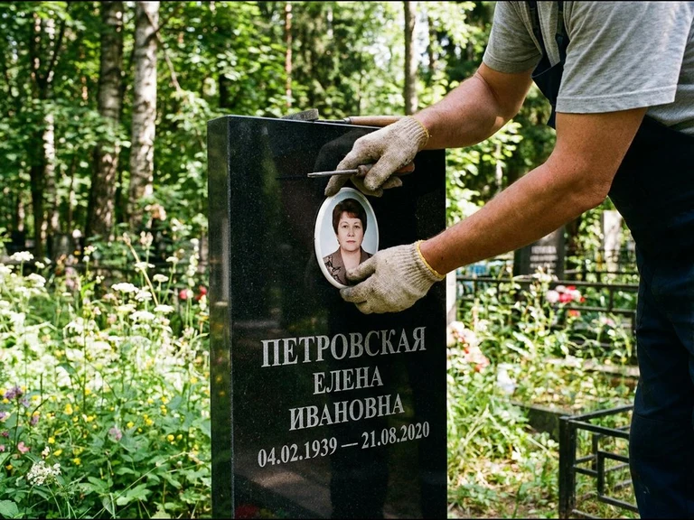 Фото на керамике на памятник в Иркутске — мастер устанавливает овальный керамический портрет на гранитный памятник