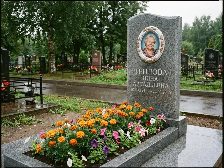 Керамический портрет на памятнике с цветами в Иркутске
