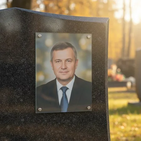 Портрет на стекле на держателях на чёрном граните в Иркутске