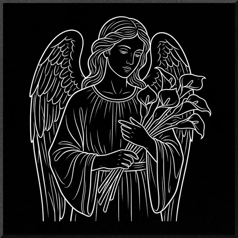 Эскиз гравировки ангела на памятник — ангел с букетом калл в Иркутске