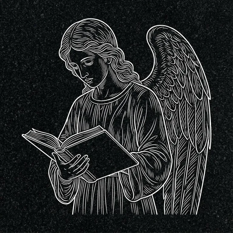 Эскиз гравировки ангела на памятник — ангел с раскрытой книгой в Иркутске