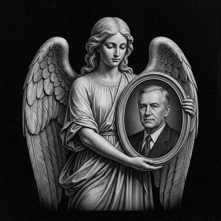 Эскиз гравировки ангела на памятник — объёмный ангел с портретом в Иркутске
