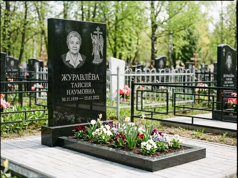 Памятник с гравировкой ангела — гравировка ангела с голубем по диагонали стелы, работа «Журавлёва» в Иркутске