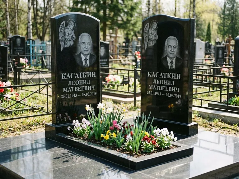 Памятник с гравировкой ангела — гравировка молящегося ангела в верхней части стелы, работа «Касаткин» в Иркутске