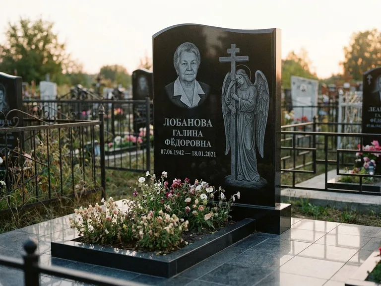 Памятник с гравировкой ангела — гравировка ангела с крестом рядом с эпитафией, работа «Лобанова» в Иркутске