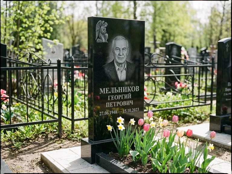 Памятник с гравировкой ангела — гравировка ангела с голубем по диагонали стелы, работа «Доронин» в Иркутске