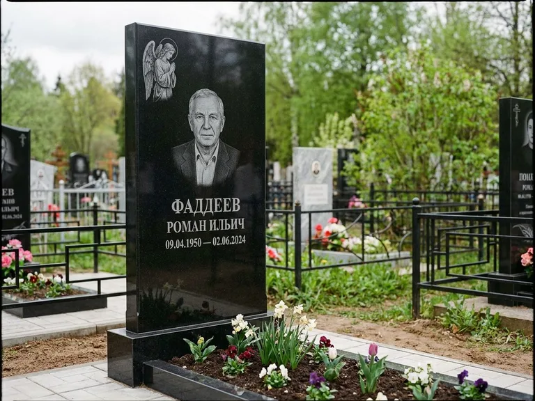 Памятник с гравировкой ангела — гравировка молящегося ангела в верхней части стелы, работа «Фаддеев» в Иркутске