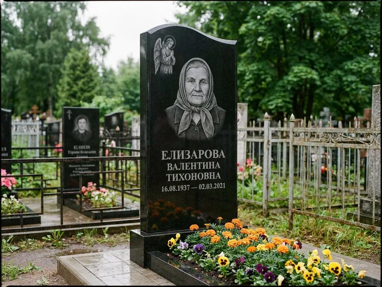 Памятник с гравировкой ангела — гравировка ангела с голубем по диагонали стелы, работа «Пантелеева» в Иркутске