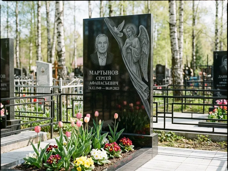 Памятник с гравировкой ангела — гравировка двух ангелов по сторонам портрета, работа «Касаткин» в Иркутске