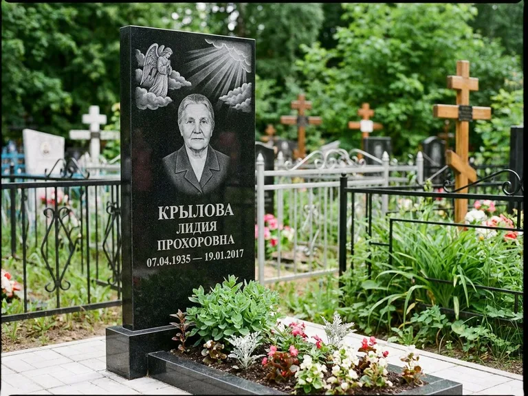 Памятник с гравировкой ангела — гравировка ангела в облаках с лучами над портретом, работа «Лобанова» в Иркутске