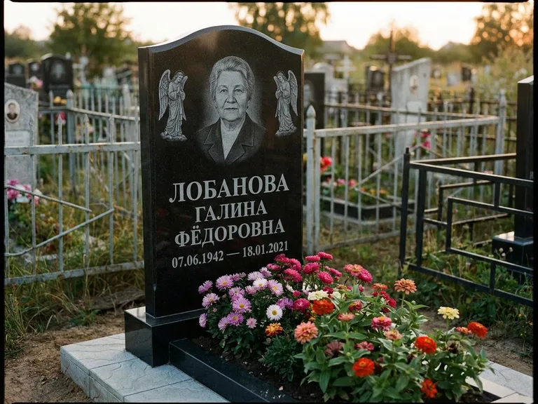 Памятник с гравировкой ангела — гравировка двух ангелов по сторонам портрета, работа «Лобанова» в Иркутске