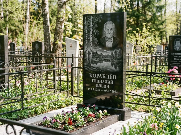 Памятник с гравировкой берёзы — гравировка берёзы у зеркального озера, работа «Кораблёв» в Иркутске