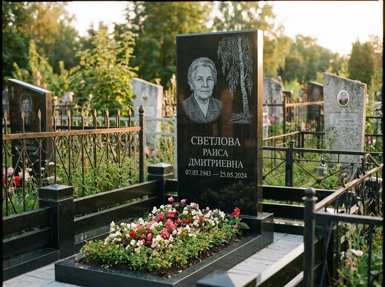 Памятник с гравировкой берёзы — гравировка плакучей берёзы с тонкими ветвями, работа «Светлова» в Иркутске