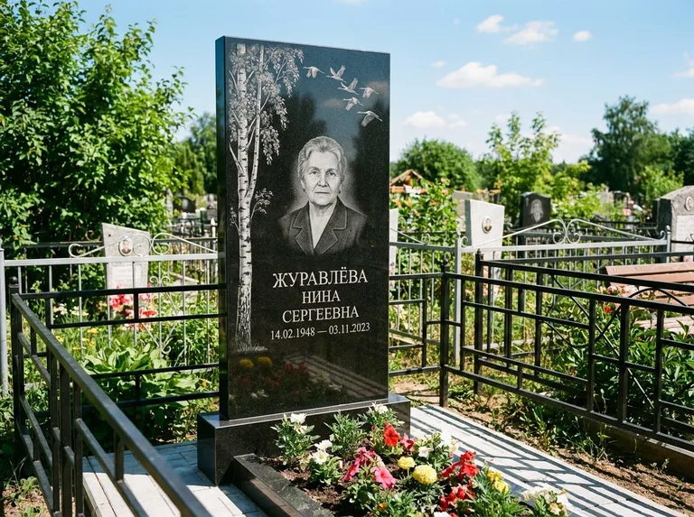 Памятник с гравировкой берёзы — гравировка берёзы с журавлиным клином в небе, работа «Журавлёва» в Иркутске