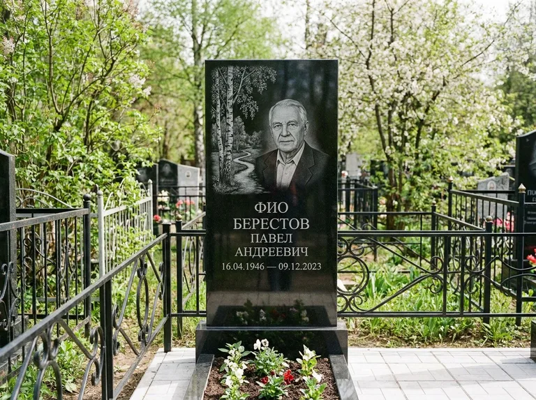 Памятник с гравировкой берёзы — гравировка берёзы у тропинки, уходящей вдаль, работа «Берестов» в Иркутске