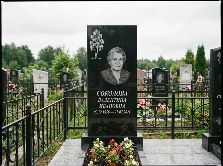 Памятник с гравировкой берёзы — гравировка одинокой берёзы над именем, работа «Соколова» в Иркутске