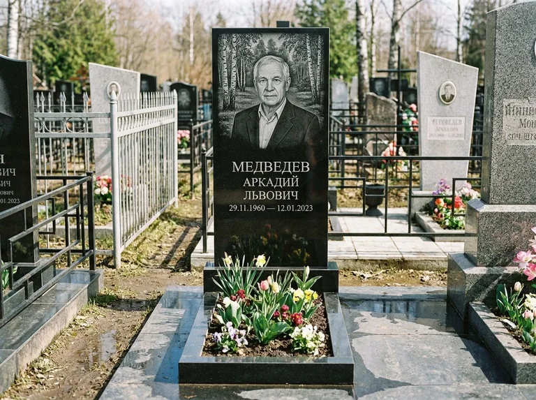 Памятник с гравировкой берёзы — гравировка берёзовой рощи в глубину, работа «Медведев» в Иркутске