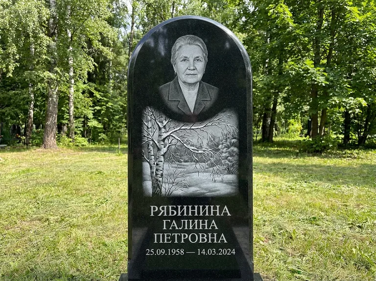 Памятник с гравировкой берёзы: стела с плавным арочным верхом — зимняя берёза, снег на ветвях, газон без ограды, стриженая трава, работа «Рябинина» в Иркутске
