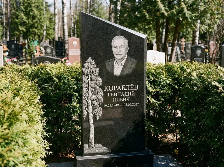 Памятник с гравировкой берёзы: асимметричная скошенная стела — объёмная одинокая берёза с фактурной корой, живая изгородь из туи, работа «Кораблёв» в Иркутске