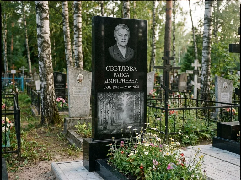 Памятник с гравировкой берёзы: двойная семейная стела — берёзовая роща в лёгкой дымке, цветник с полевыми цветами, работа «Светлова» в Иркутске