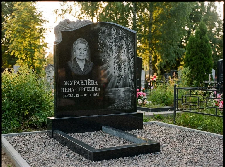 Памятник с гравировкой берёзы: стела с фигурным резным верхом — плакучая берёза в контровом свете, гравийная отсыпка, рассвет, работа «Журавлёва» в Иркутске