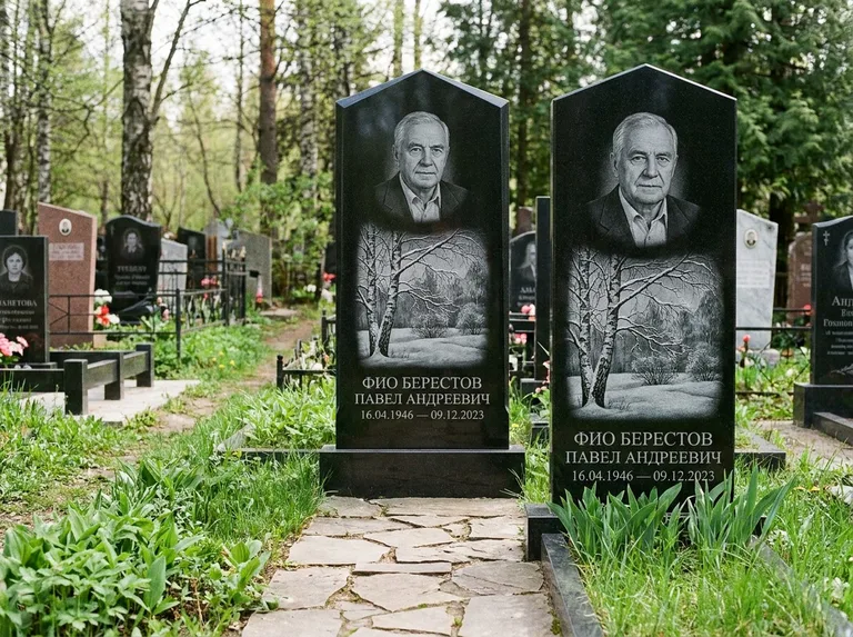 Памятник с гравировкой берёзы: массивная стела с двускатным навершием — зимняя берёза, снег на ветвях, дорожка из природного плитняка, работа «Берестов» в Иркутске