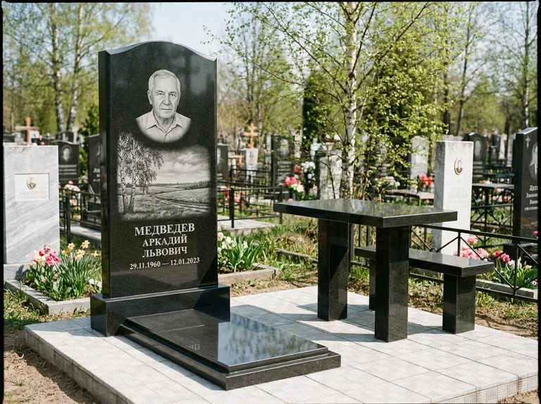 Памятник с гравировкой берёзы: стела с гранитным столиком и скамьёй — берёза у поля, простор до горизонта, семейный участок с плиткой, работа «Медведев» в Иркутске