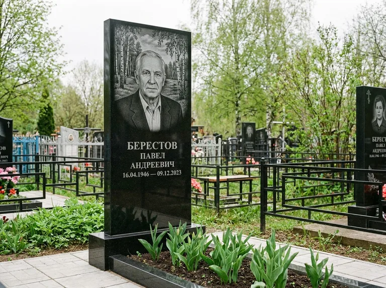 Памятник с гравировкой берёзы — гравировка берёзовой рощи в глубину, работа «Берестов» в Иркутске
