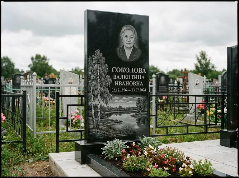 Памятник с гравировкой берёзы — гравировка берёзы у зеркального озера, работа «Соколова» в Иркутске