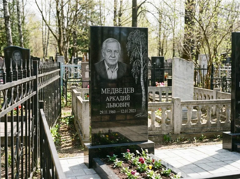 Памятник с гравировкой берёзы — гравировка плакучей берёзы с тонкими ветвями, работа «Медведев» в Иркутске