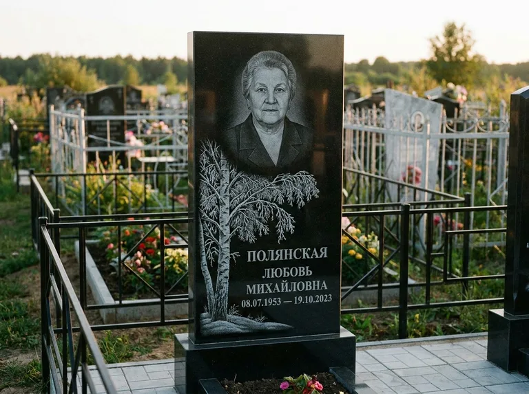 Памятник с гравировкой берёзы — гравировка зимней берёзы в инее, работа «Полянская» в Иркутске