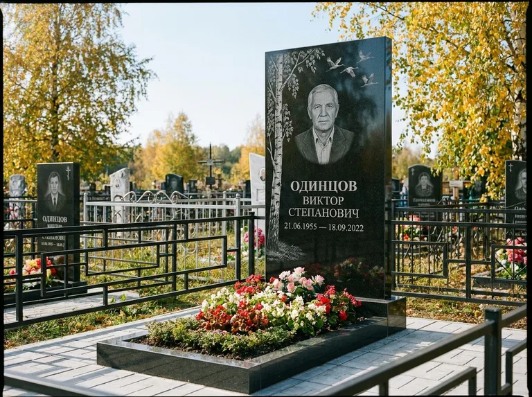 Памятник с гравировкой берёзы — гравировка берёзы с журавлиным клином в небе, работа «Одинцов» в Иркутске