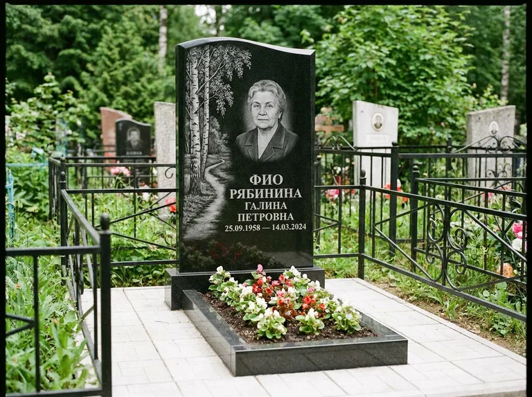 Памятник с гравировкой берёзы — гравировка берёзы у тропинки, уходящей вдаль, работа «Рябинина» в Иркутске