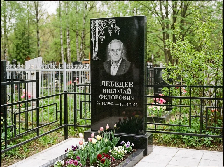 Памятник с гравировкой берёзы — гравировка одинокой берёзы над именем, работа «Лебедев» в Иркутске