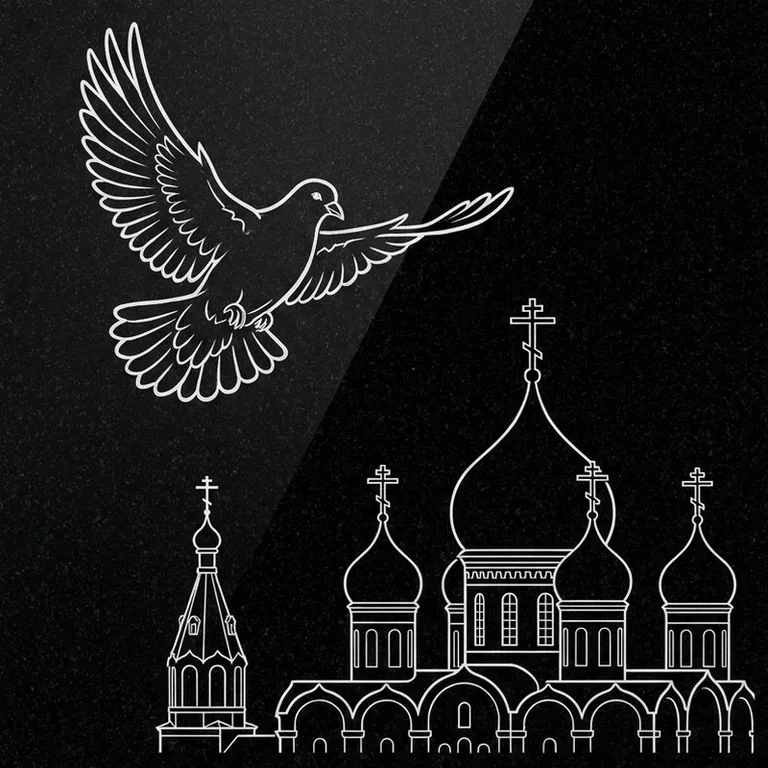 Эскиз гравировки голубей на памятник — голубь в небе над храмом в Иркутске