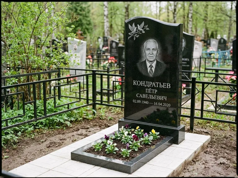 Памятник с гравировкой голубей — гравировка пары голубей на ветке в верхнем углу стелы, работа «Кондратьев» в Иркутске