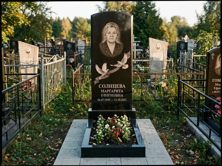 Памятник с гравировкой голубей — гравировка двух летящих голубей с лентой по диагонали стелы, работа «Солнцева» в Иркутске