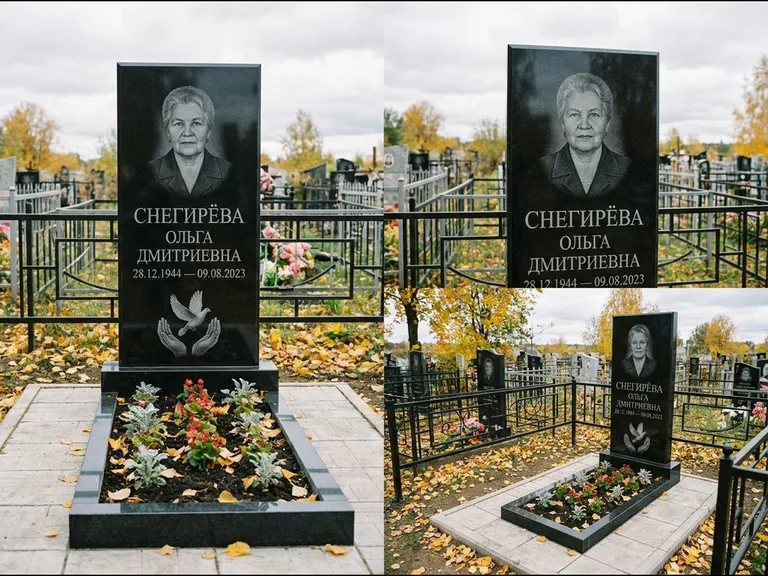 Памятник с гравировкой голубей — гравировка голубя над раскрытыми ладонями внизу стелы, работа «Снегирёва» в Иркутске