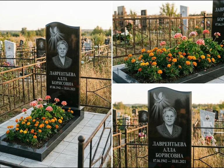 Памятник с гравировкой голубей — гравировка голубя в лучах света над портретом, работа «Лаврентьева» в Иркутске