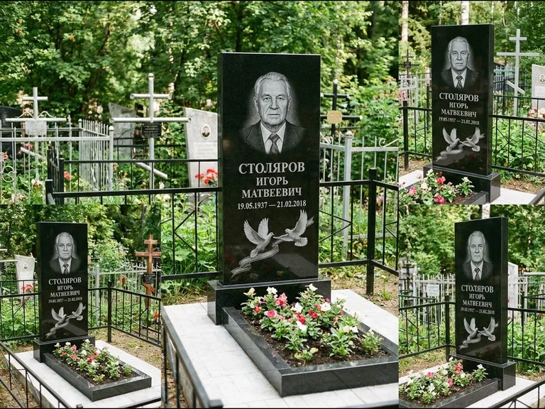 Памятник с гравировкой голубей — гравировка двух летящих голубей с лентой по диагонали стелы, работа «Столяров» в Иркутске