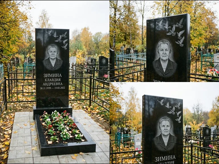 Памятник с гравировкой голубей — гравировка стаи голубей, взлетающей от угла стелы, работа «Зимина» в Иркутске
