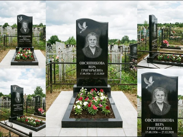 Памятник с гравировкой голубей — белая гравировка взлетающего голубя над портретом, работа «Овсянникова» в Иркутске
