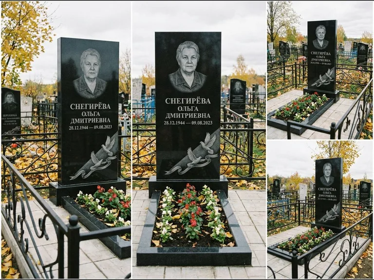 Памятник с гравировкой голубей — гравировка двух летящих голубей с лентой по диагонали стелы, работа «Снегирёва» в Иркутске