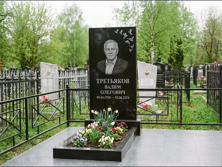 Памятник с гравировкой голубей — гравировка стаи голубей, взлетающей от угла стелы, работа «Третьяков» в Иркутске