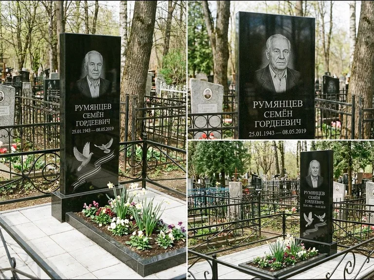Памятник с гравировкой голубей — гравировка двух летящих голубей с лентой по диагонали стелы, работа «Румянцев» в Иркутске