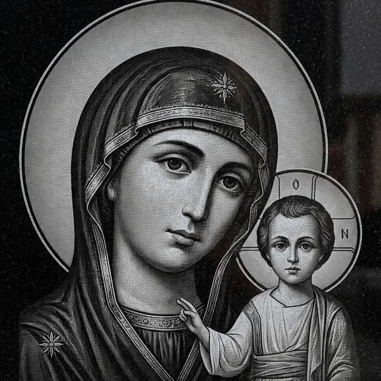 Эскиз иконы: Казанская (полутон) — детальный образ Богородицы, гравировка на памятник в Иркутске