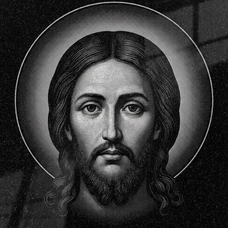 Эскиз иконы: Спас Нерукотворный (полутон) — детальный лик на убрусе, гравировка на памятник в Иркутске