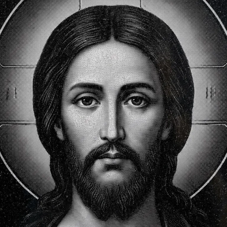 Эскиз иконы: Спас Вседержитель (полутон) — объёмный лик, светотень, гравировка на памятник в Иркутске